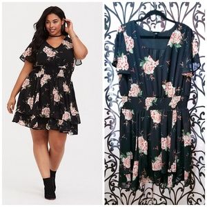 TORRID Plus Black Floral Chiffon Ruffle Dress